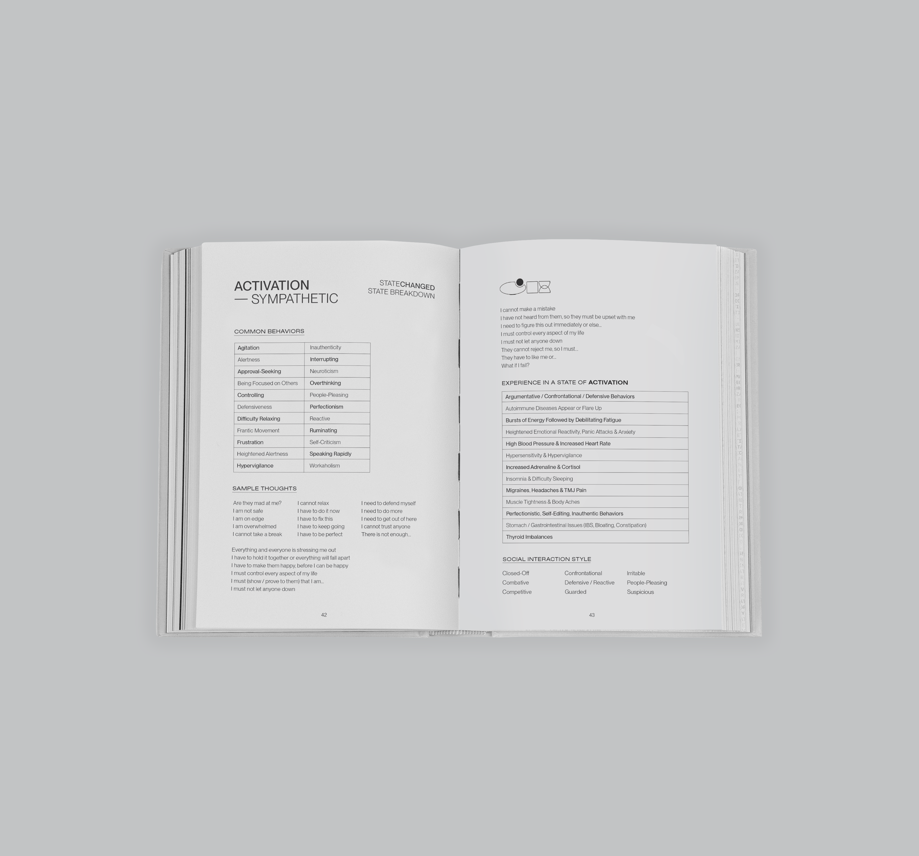 Statechanged's workbook pages outlining sympathetic activation traits and tools for regulation and emotional awareness