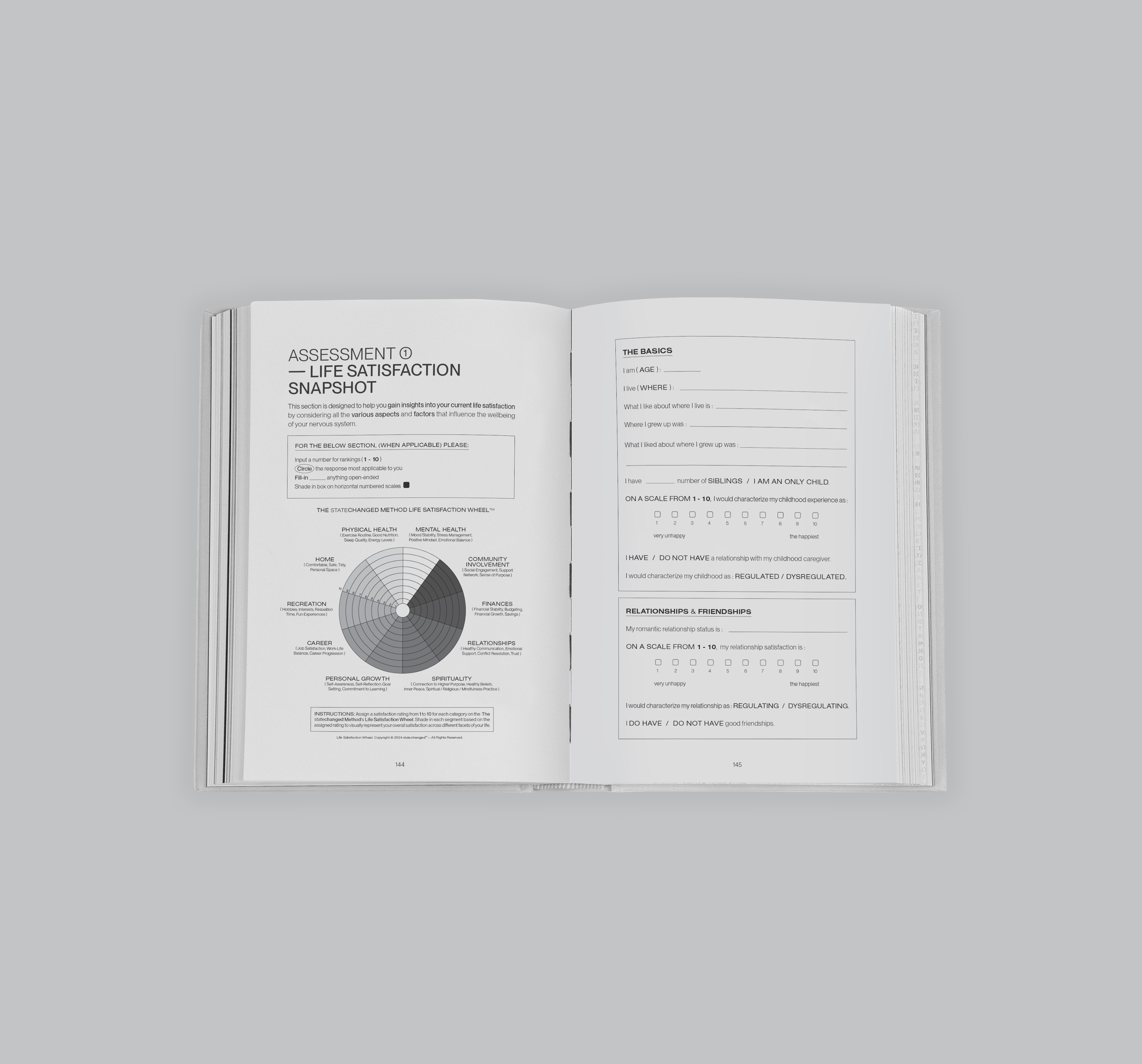 Statechanged's workbook pages showing a life satisfaction assessment for clarity, self-awareness, and nervous system alignment