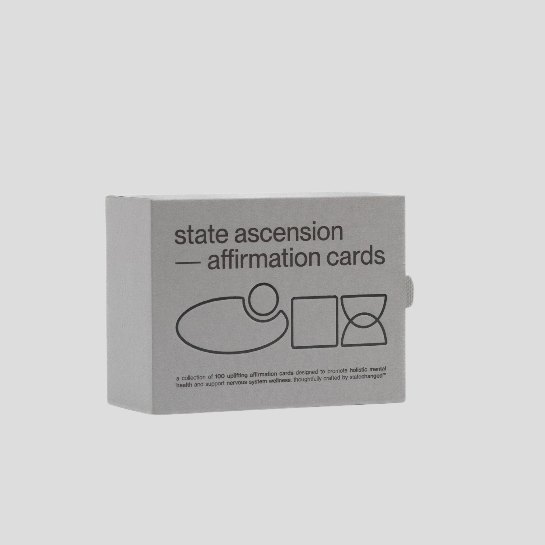 Statechanged's State Ascension affirmation card box with minimal black design on white background