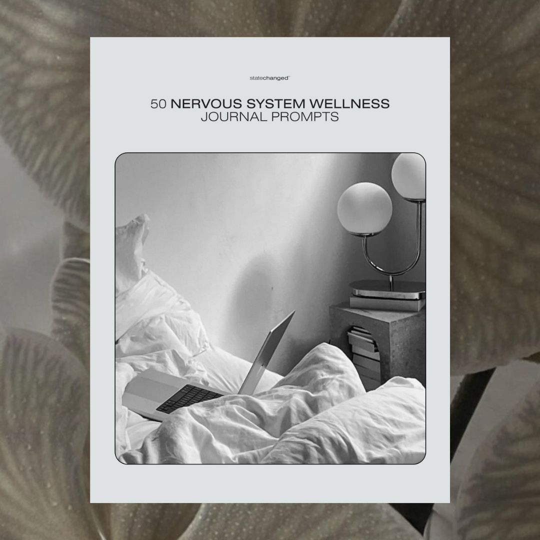 Statechanged's journal prompt workbook cover for nervous system wellness featuring a laptop on a cozy bed