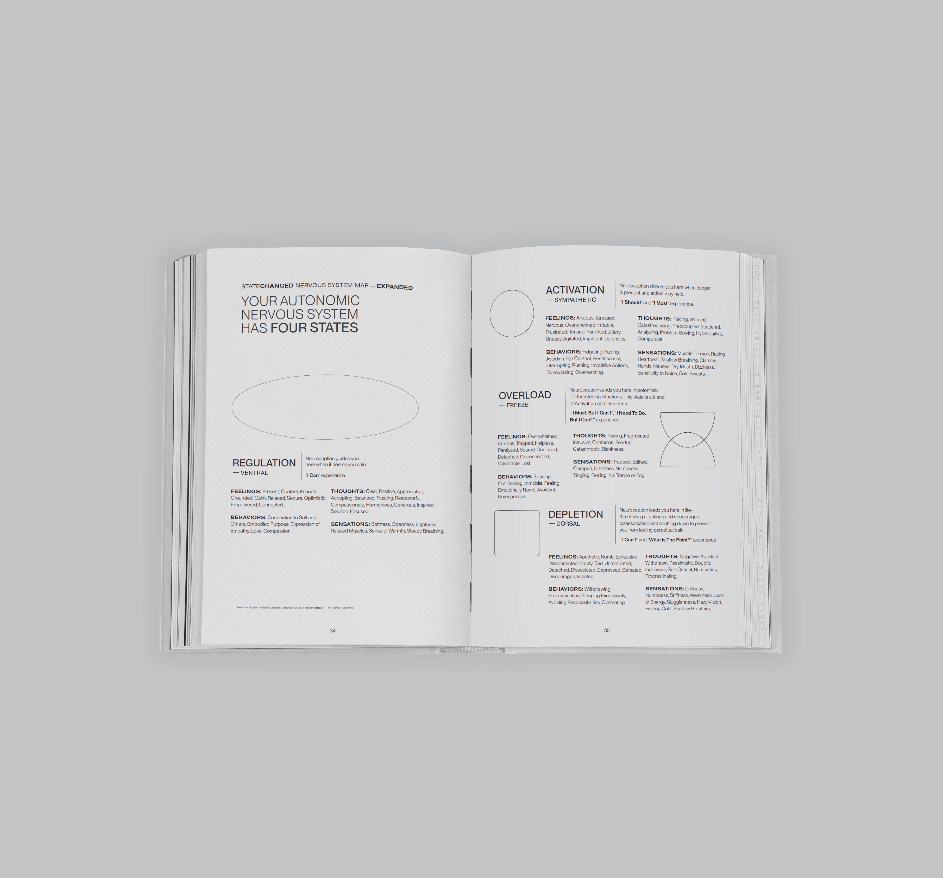 Interior pages of Statechanged's workbook outlining the four nervous system states: regulation, activation, overload, and depletion