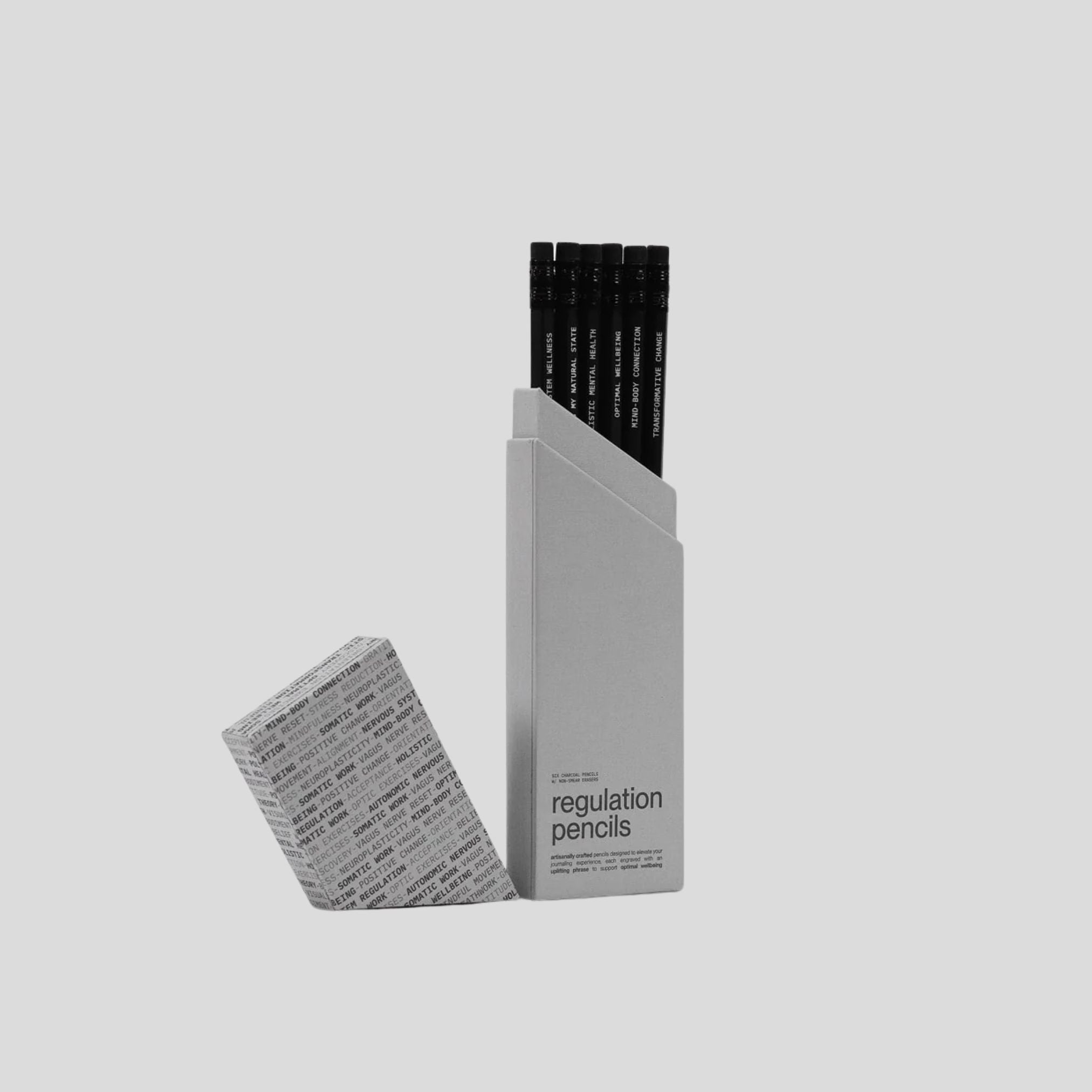 Box of Statechanged regulation pencils with the lid removed, showing black pencils with white text, designed to encourage mental wellness and optimal self-regulation